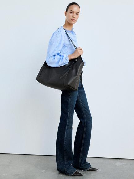 Mango Embroidered Ruffle Button Front Blouse, Blue, Blue