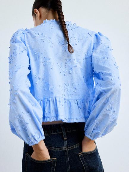 Mango Embroidered Ruffle Button Front Blouse, Blue - view 2, Blue