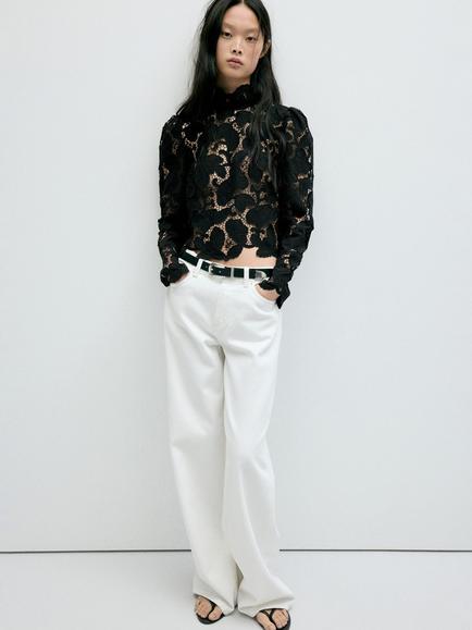 Mango Guipur Lace High Neck Cropped Blouse, Black, Black