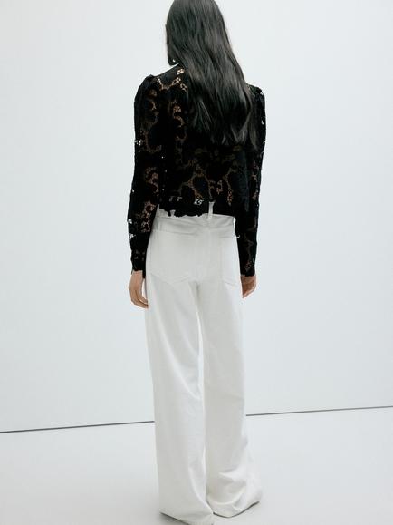Mango Guipur Lace High Neck Cropped Blouse, Black - view 2, Black