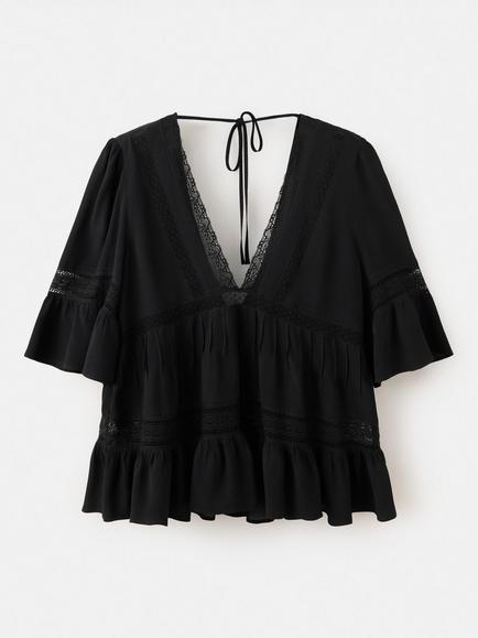 Mango V-Neck Lace Panel Blouse, Black, Black