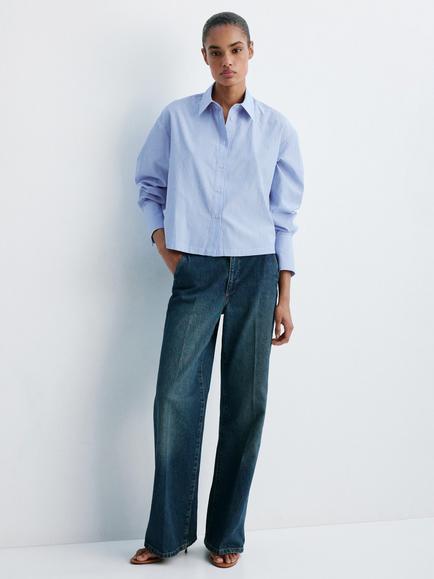 Mango Striped Boxy Collared Shirt, Sky Blue, Sky Blue