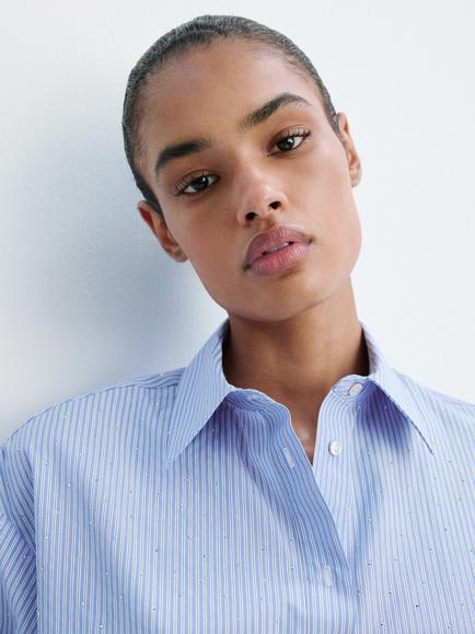 Mango Striped Boxy Collared Shirt, Sky Blue - view 2, Sky Blue