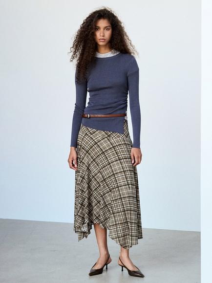 Mango Checked Asymmetric Midi Skirt, Brown, Brown