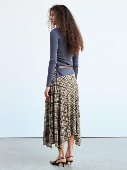Mango Checked Asymmetric Midi Skirt, Brown - view 2, Brown