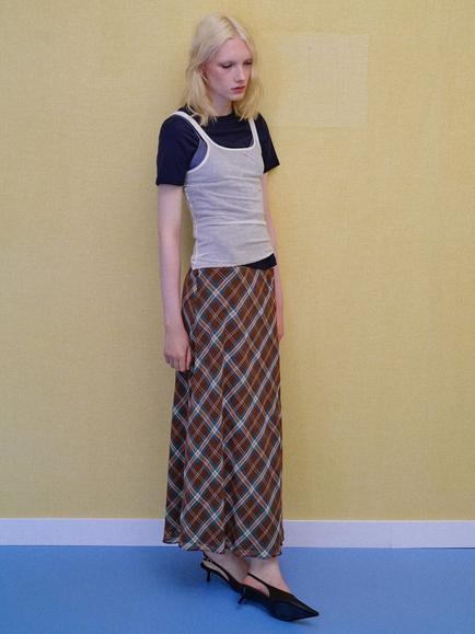 Mango Checked Midi Skirt, Brown - view 2, Brown