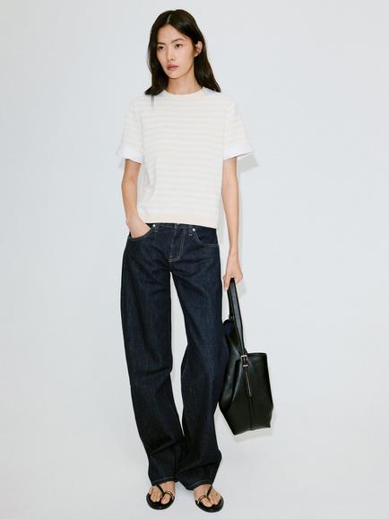 Mango Boxy Striped Short Sleeve Knit Top, Raw, Raw