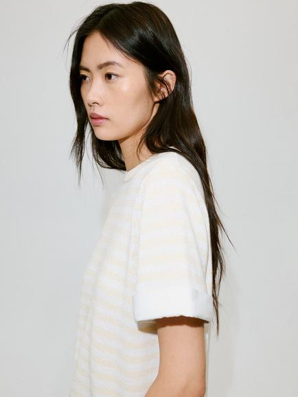 Mango Boxy Striped Short Sleeve Knit Top, Raw - view 2, Raw