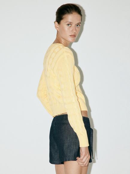 Mango Cropped Cable Knit Jumper, Pastel Yellow - view 2, Pastel Yellow