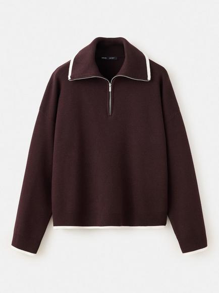 Mango Contrast Trim Zip-Neck Polo Jumper, Chocolate, Chocolate