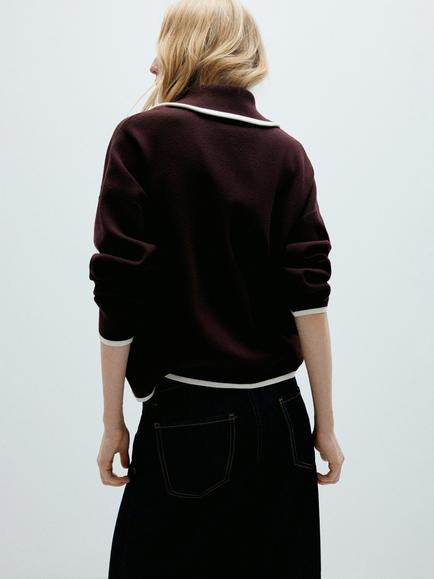 Mango Contrast Trim Zip-Neck Polo Jumper, Chocolate - view 2, Chocolate