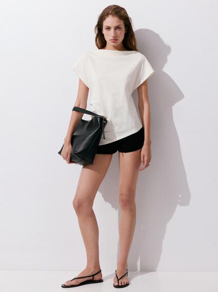 Mango Asymmetric Boatneck Ruched T-Shirt, Off White