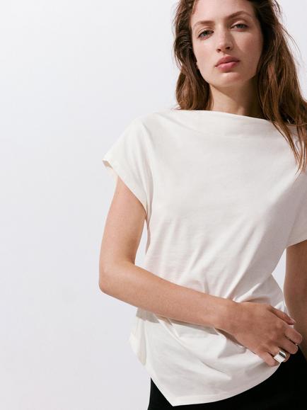 Mango Asymmetric Boatneck Ruched T-Shirt - view 2, Off White