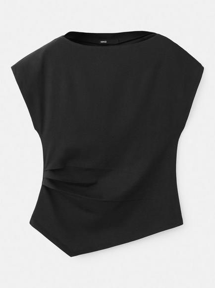 Mango Asymmetric Boatneck Ruched T-Shirt, Black