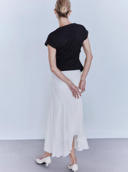 Mango Asymmetric Boatneck Ruched T-Shirt - view 2, Black