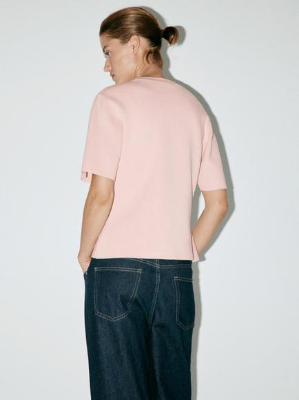 Mango Sculpted Short-Sleeve Knit Top, Light Pink - view 2, Light Pink