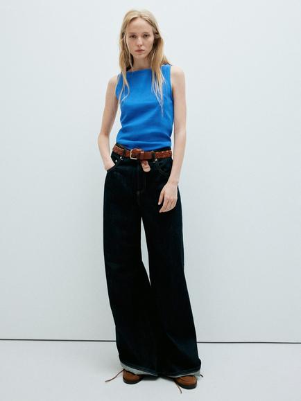 Mango Sleeveless Boat Neck Top, Blue