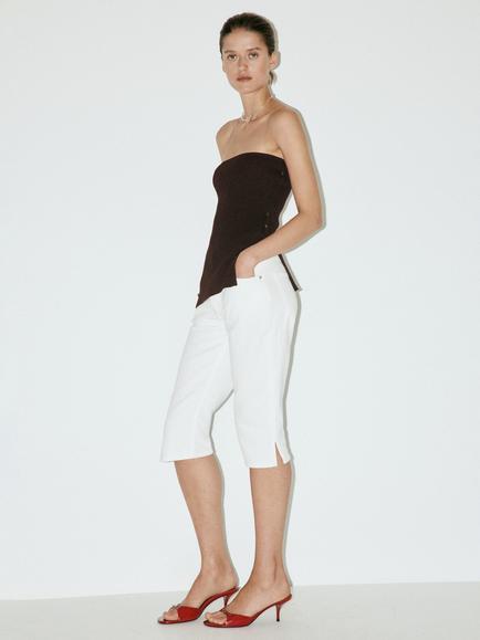Mango Ribbed Bandeau Knit Top, Chocolate, Chocolate