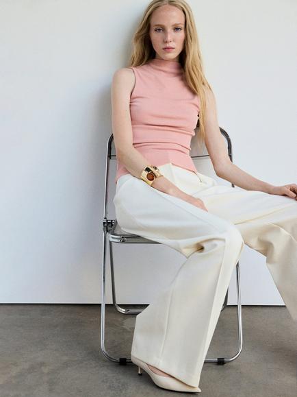 Mango Sleeveless Funnel Neck Knit Top, Pastel Pink