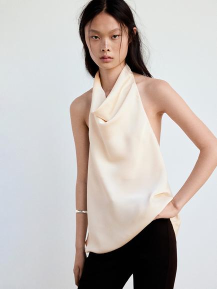 Mango Draped Halter Neck Satin Top, Raw