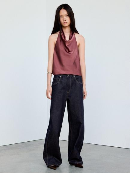 Mango Draped Halter Neck Satin Top, Damson