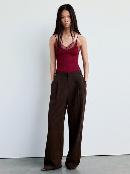 Mango Lace Trim Ribbed Camisole, Wine, Wine