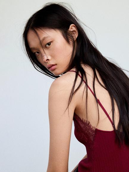 Mango Lace Trim Ribbed Camisole, Wine - view 2, Wine
