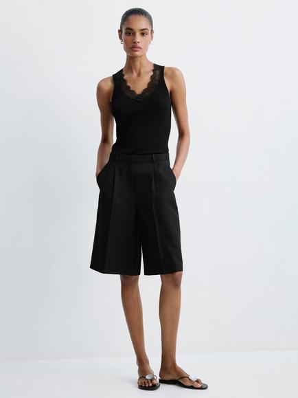 Mango Sculpted Ribbed Lace V-Neck Top, Black, Black