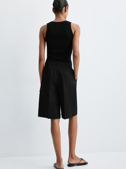 Mango Sculpted Ribbed Lace V-Neck Top, Black - view 2, Black