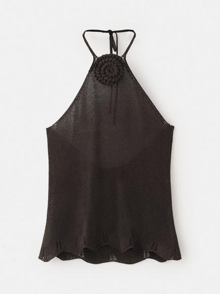 Mango Sculpted Halter Crochet Bloom Top, Chocolate, Chocolate