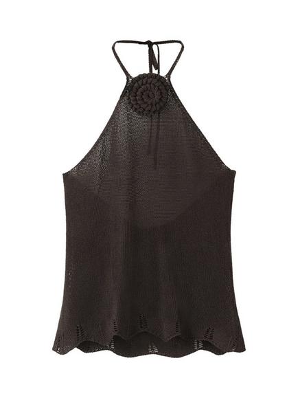 Mango Sculpted Halter Crochet Bloom Top, Chocolate - view 2, Chocolate