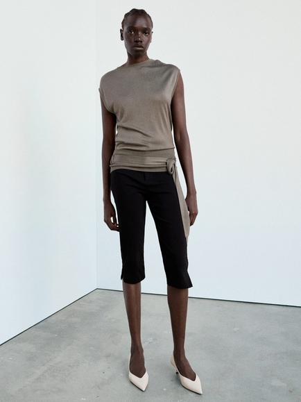 Mango Draped Belted Knit Top, Taupe