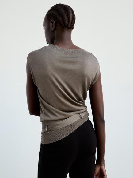 Mango Draped Belted Knit Top - view 2, Taupe