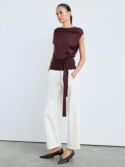 Mango Draped Belted Knit Top, Bordeaux
