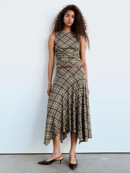 Mango Draped Checkered Top, Brown, Brown