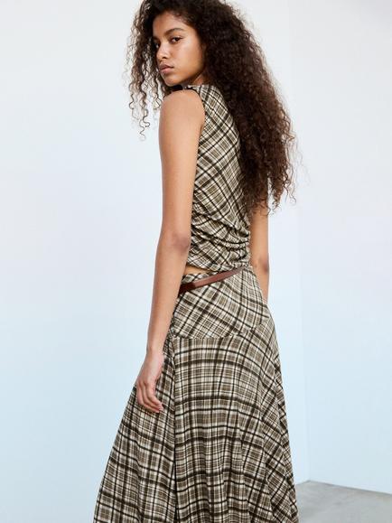 Mango Draped Checkered Top, Brown - view 2, Brown