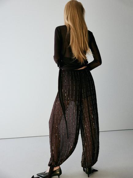 Mango Sequin Mid-Rise Balloon Trousers, Brown - view 2, Brown