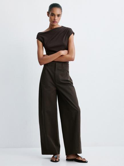 Mango Mid Rise Balloon Wide Leg Trousers, Chocolate, Chocolate