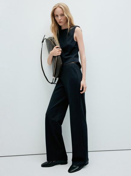 Mango Striped Tailored Wide-Leg Trousers, Navy, Navy