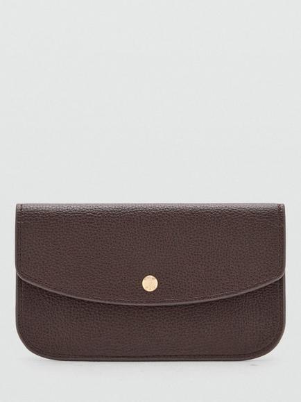 Mango Grain-Textured Mini Flap Wallet, Chocolate