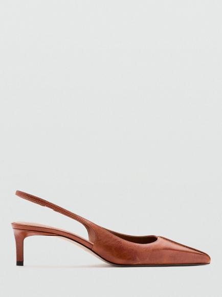 Mango Leather Sculpted Pointed Slingback Kitten Heel, Cognac