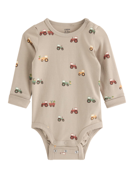 Lindex Baby Tractor Print Long Sleeve Bodysuit, Dusty Beige, Dusty Beige