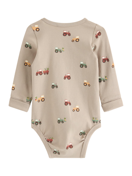 Lindex Baby Tractor Print Long Sleeve Bodysuit, Dusty Beige - view 2, Dusty Beige