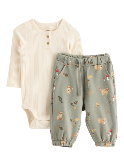 Lindex Baby Racoon Print Bodysuit & Joggers Set, White, White