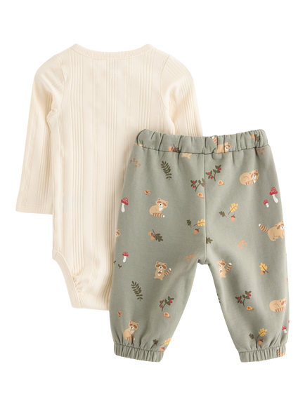 Lindex Baby Racoon Print Bodysuit & Joggers Set, White - view 2, White