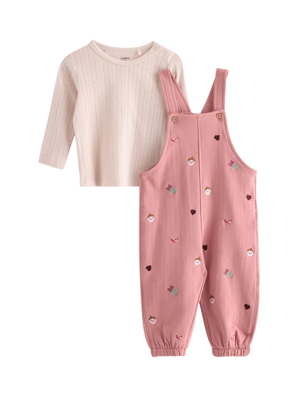 Lindex Baby Embroidered Dungarees & Top Set, Dusty Pink, Dusty Pink