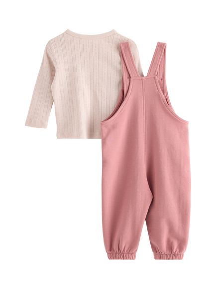 Lindex Baby Embroidered Dungarees & Top Set, Dusty Pink - view 2, Dusty Pink