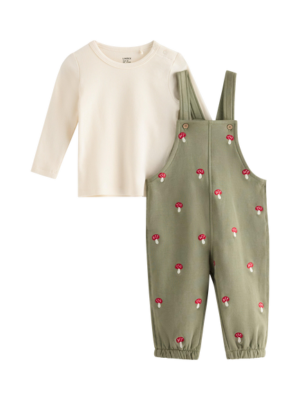 Lindex Baby Embroidered Dungarees & Top Set, Light Dusty Green, Light Dusty Green