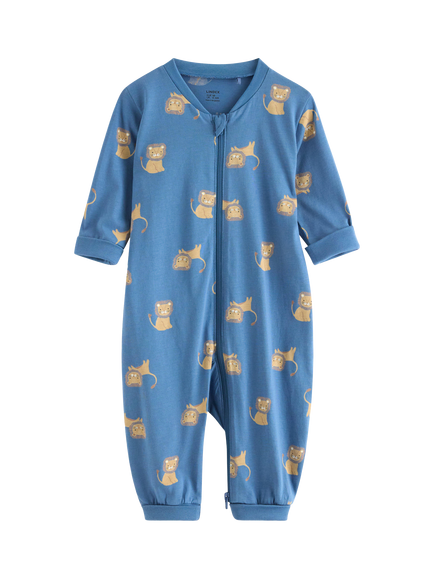 Lindex Baby Cotton Lion Print Sleepsuit, Light Dusty Blue, Light Dusty Blue