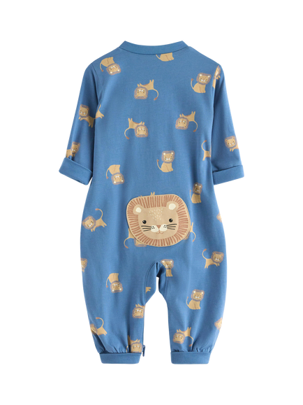 Lindex Baby Cotton Lion Print Sleepsuit, Light Dusty Blue - view 2, Light Dusty Blue